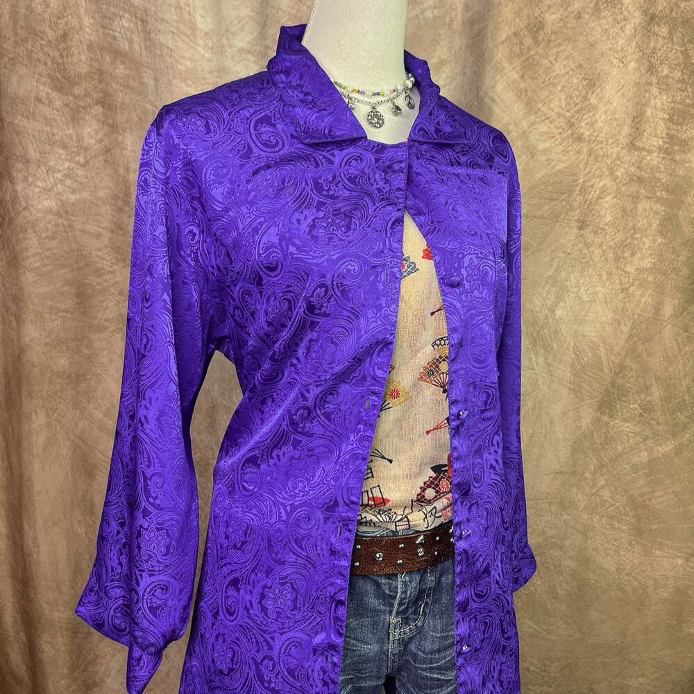Satin Paisley Button Up Shirt Purple Brocade Blouse Vintage 80s Romantic Moods